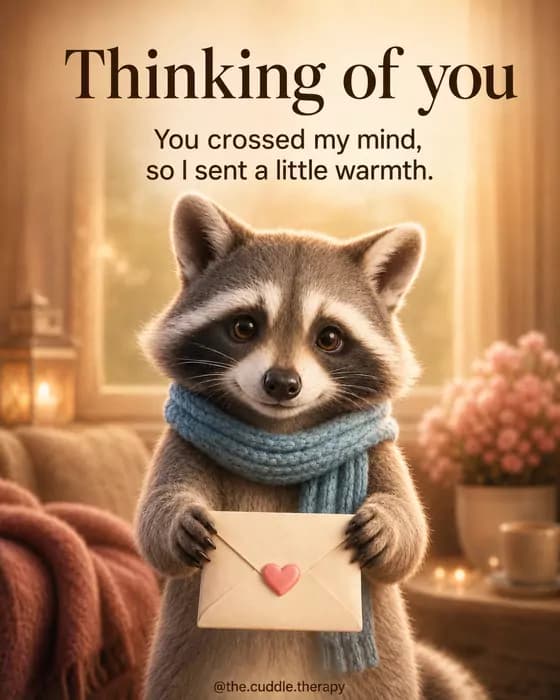 Thinking of you. You crossed my mind, so I sent a little warmth. A raccoon holds a heart-sealed envelope.