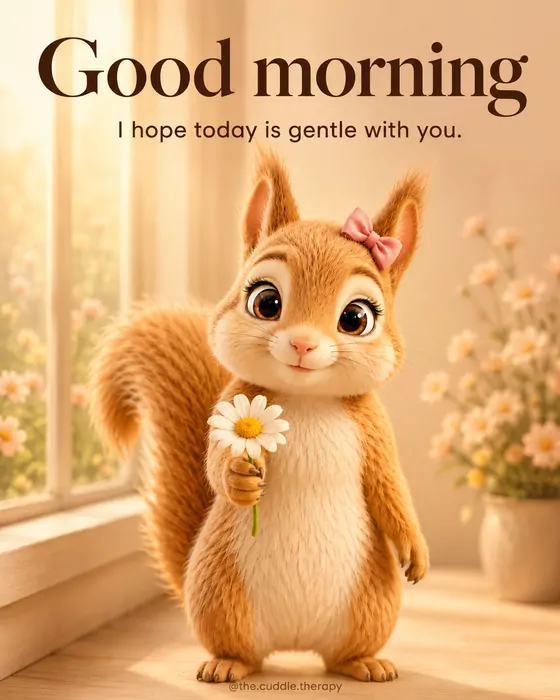 Good morning. I hope today is gentle with you. A squirrel holding a daisy.
